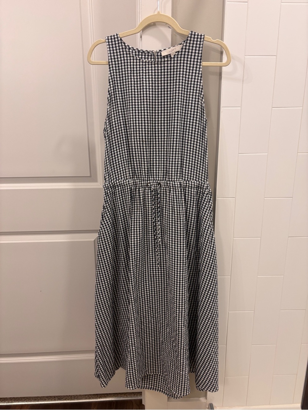 LOFT Black and White Gingham Sleeveless Tie-Waist Dress